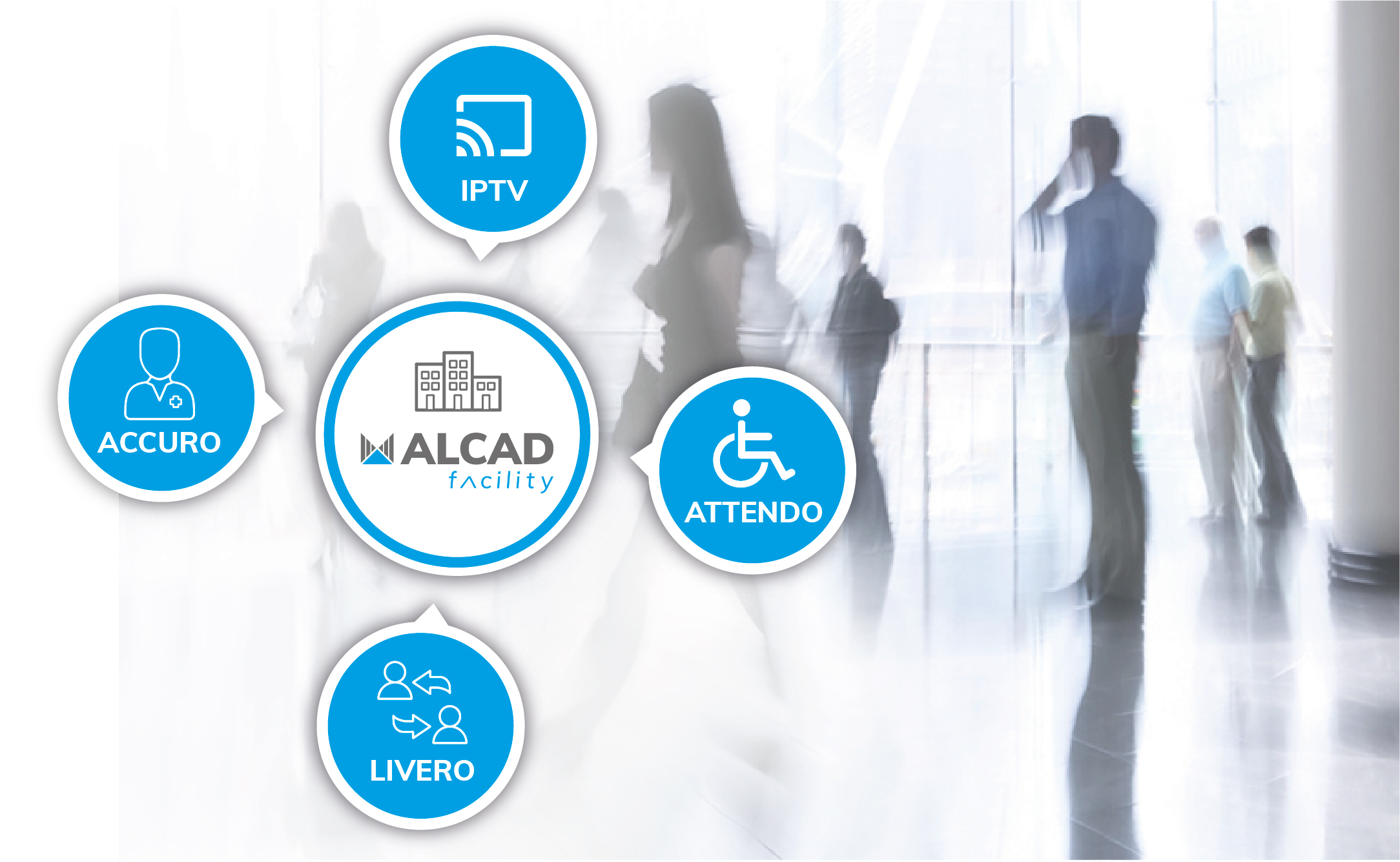 ALCAD Facility: telecommunications, security and multimedia solutions for hospitals, nursing homes, hotels, malls, public buildings, etc.
